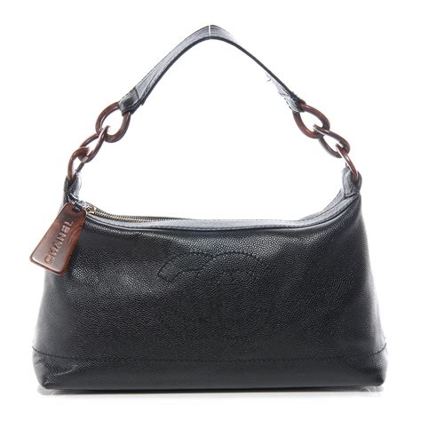 CHANEL Caviar CC Wood Chain Hobo Black 